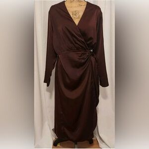 H&M Satin Wrap Midi Dress in Deep Brown